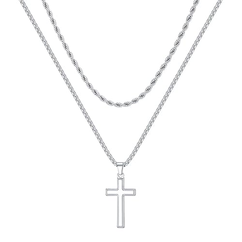 TINGN Kreuz Kette Herren, Halskette Herren Kette mit Kreuz Silberkette Herren Edelstahl Silber Seilkette Doppelkette mit Anhänger 41/46cm Kreuzkette für Männer Tochter Freund Jungen Schmuck Geschenk