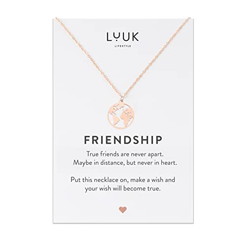 LUUK LIFESTYLE Edelstahl Kette mit Anhänger und Friendship Spruchkarte, Glücksbringer, Geschenk für die beste Freundin, trendy & filigran, Halskette mit Weltkarte I Weltkugel, roségold