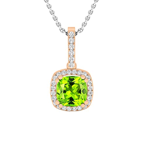 DazzlingRock Collection Damen 18 Karat Roségold 8 Mm Kissen Peridot & Runden Diamant- Halo Anhänger (Silber-Kette Enthalten)