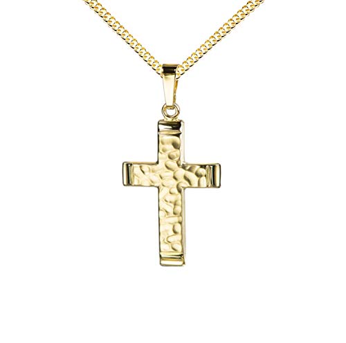 JEVELION Goldkreuz Kreuz-Anhänger in markanter Hammerschlag-Optik für Damen, Herren und Kinder als Kettenanhänger 585 Gold 14 Karat mit Panzer-Kette + Schmuck-Etui