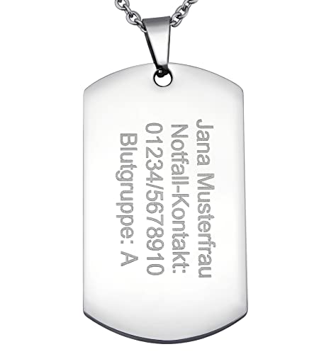 Hanessa Personalisierte Kette mit Gravur Edelstahl 50 cm mit Anhänger Dog Tag Notfall-Kontakt in silber - Personalisierte Halskette für Männer und Frauen - Personalisierter Schmuck Damen Herren