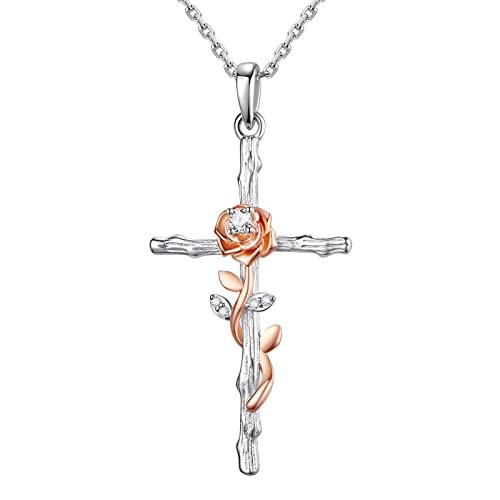 FOREVER QUEEN Kreuz Halskette 925 Sterling Silber Rose Blumen Halskette Verstellbare Kette Halskette für Damen