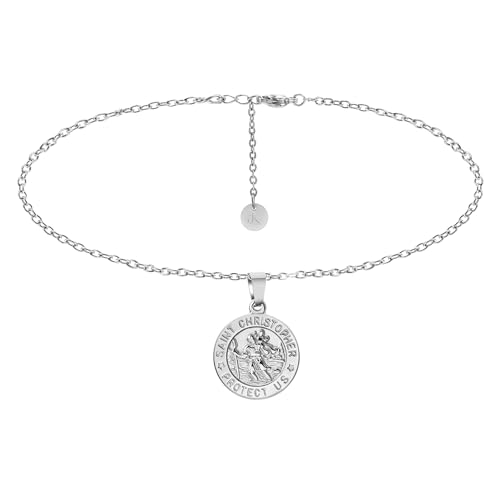 KIM JOHANSON® Edelstahl Damen Halskette mit Anhänger *Der Heilige Christophorus* in Silber | Boho Schmuck für Frauen | Coin Kette mit Gravur | Wasserfest | Verstellbare Länge | Inkl. Schmuckbeutel