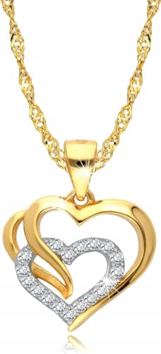 Amar Luxury Damen Gold Herz Kette 585/925, halskette damen - liebeskind kette, damen geschenke, geschenke für freundin- goldkette damen 585 echtgold mit 925 silber, Herz mit Zirkonen