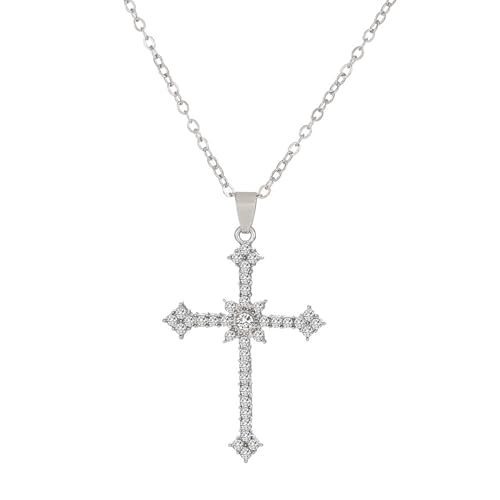 Meifiyu Kreuz Kette Damen,Kreuz Kette Silber,Kette Kreuz 42+ 10 Cm Verlängerungskette,mit Kreuz Anhänger Silber Strass,Kreuz Strass Halskette,Kreuz Kette Silber Damen,Geeignet für Frauen und Mädchen