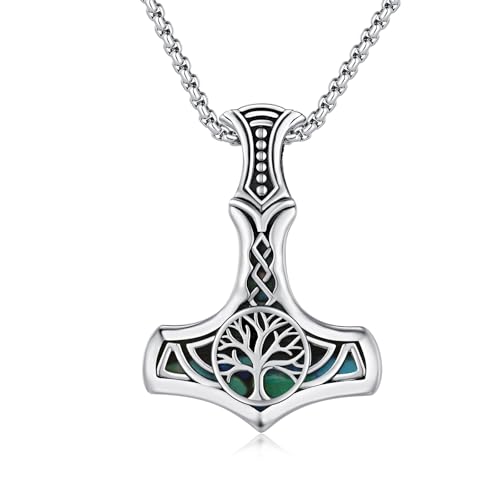 MEDWISE Thors Hammer Halskette 925 Sterling Silber Baum des Lebens Keltisches Kette Mjölnir Anhänger Abalone Muschel Kette Lebensbaum Anhänger Schmuck für Damen Unisex Herren Teenager