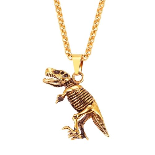 IOETSEUT Frauen Kette Halskette Männer Kreuz Tyrannosaurus Rex Anhänger Halskette Gold/Schwarz Farbe Dinosaurier Knochen Fossil Punk Tier Männer Schmuck Geschenke für ihn