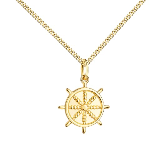 JEVELION Goldschmuck-Steuerrad-Anhänger Maritim 585 Gold Schiffsruder-Goldschmuck für Damen. Mit Kette 925 Silber vergoldet - Kettenlänge 45 cm.