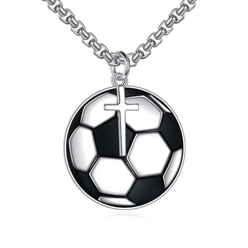 YFN Fußball Halskette Sterling Silber Niemals Aufgeben Anhänger Kette Kreuz Schmuck Fußball Liebhaber Geschenke für Damen Herren Mädchen Jungen Fußball Fußballspieler