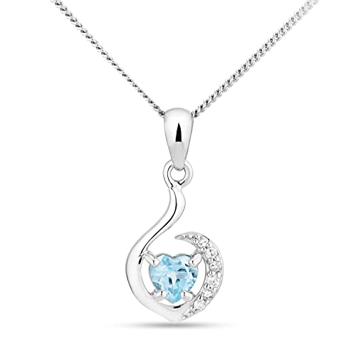 Miore Schmuck Damen 0.03 Ct Diamant Halskette Herz mit Anhänger Edelstein Geburtsstein natürlicher blauer herzschliff Topas umgeben von 6 Diamanten Brillanten Kette aus Weißgold 9 Karat 375 45 cm lang