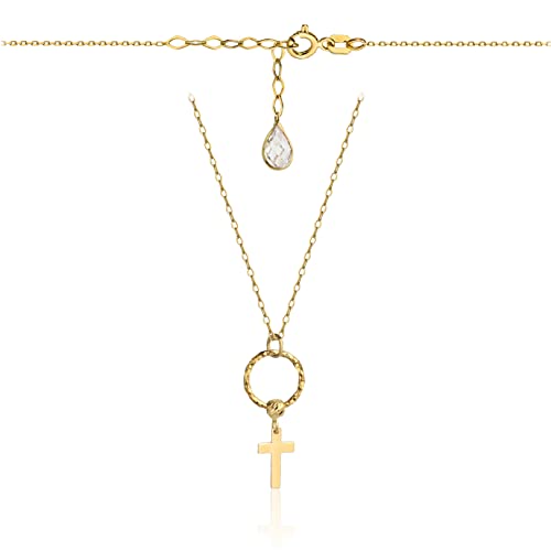 Goldene Damen Halskette 585 14k Gold Gelbgold Kette mit Anhänger Kreuz Zirkonia Gravur