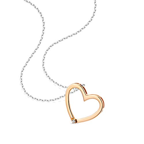 Orovi Schmuck Damen Diamant Herz–Halskette aus Bicolor Gold mit Herzanhänger Rotgold besetzt mit natürlichem Solitär Diamant in einer Krappenfassung Zeitlose Kette Weißgold 9 Karat(375), 45 cm lang