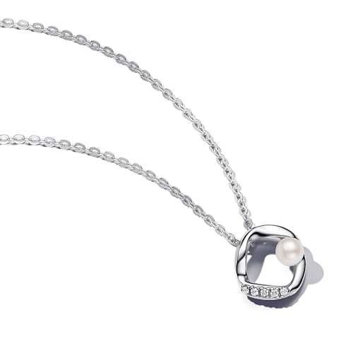 PANDORA Essence Organisch Geformter Pavé Kreis & Behandelte Süßwasserzuchtperlen Collier-Halskette aus Sterling Silber mit Zirkonia, Größe 45cm, 393207C00-45