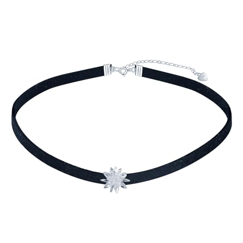 MICMIF Silber 925 Halskette Damen Choker Kristall Blumen Anhänger mit Schwarz Halsband Kette Verstellbarer/Blumen Leder Kette/Doppellagige Blumen Kette für Frauen Teenager Mädchen