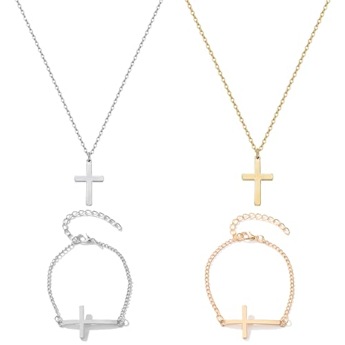 2 Pcs Kreuz Kette Damen Kreuzkette Silber Damen Kreuz Kette Gold Damen Kette mit Kreuz Kette Kreuz Silber Kreuz AnhäNger Cross Necklace Kreuz AnhäNger Silber Silberkette mit Kreuz Kette mit 2 Armband