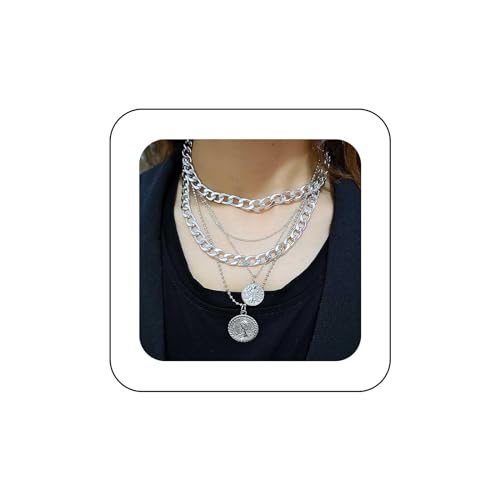 Yienate Boho Mehrschichtige Münzen Halskette Vintage Silber Klobige Link Kubanische Kette Choker Scheibe Münze Anhänger Halskette Rock Aussage Geschichtet Münze Halskette Charme Schmuck Für Frauen