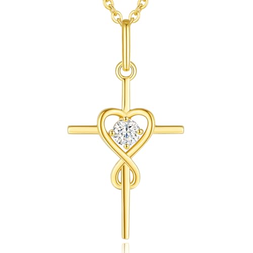 FANCIME Damen Halskette mit Unendlichkeit Symbol Kreuz Anhänger Kette Infinity Herz aus 14 Karat 585 Gold mit echt Diamant 0.101 ct, Verstellbar Kettenlänge: 40 + 5 cm