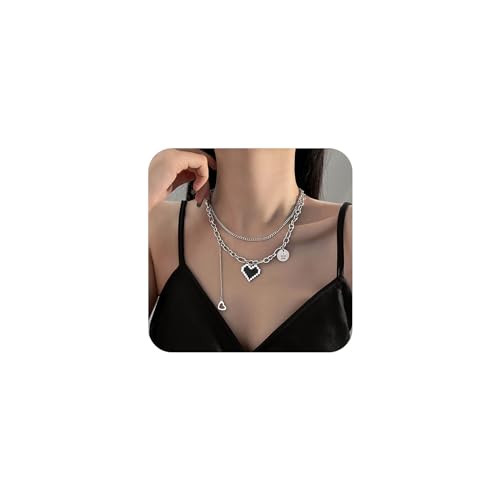 Yienate Punk Geschichtet Mosaik Herz Halskette Silber Kubanische Kette Choker Herz Münze Anhänger Halskette Rock Schwarz Mosaik Erklärung Herz Choker Ich Liebe Dich Münze Halskette Charme Für Frauen