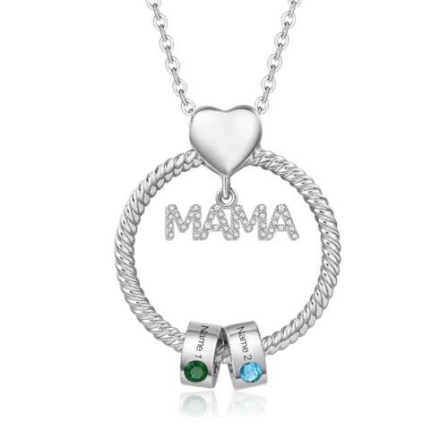 Kette Damen Geschenke für Mama - Personalisierte MAMA Kette mit 1–5 Namen Halskette Schmuck Charms Anhänger für Mutter Tochter Zum Geburtstag Weihnachten Muttertag (Silber-2 Namen 2 Geburtssteine)