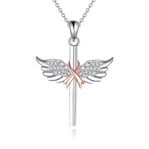 VENACOLY Brustkrebs Halskette S925 Sterling Silber Brustkrebs kreuz Anhänger Kette Brustkrebs Bewusstsein Halsketten für Frauen Damen Liebhaber Flügel Brustkrebs Schmuck Geschenke für Überlebende