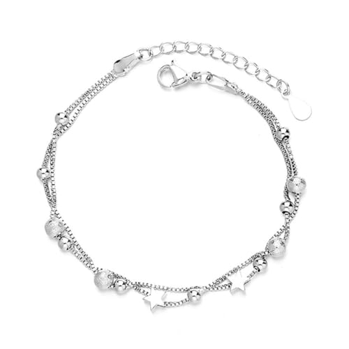 Damen-Armband, doppellagige Silberkette, Stern-Armband, Silberarmband mit Sternen und Perlen für Damen, Mädchen-Armbänder