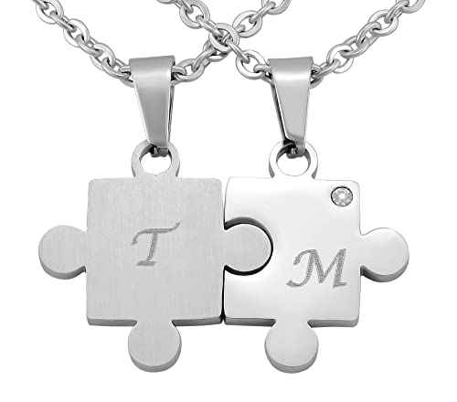 Hanessa Personalisierte Kette mit Gravur Edelstahl 50 cm mit Anhänger Herz Puzzle in silber - Personalisierte Halskette für Freundin oder Freund - Personalisierter Schmuck Freundschaft