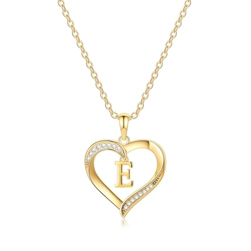 TINGN Goldkette Damen, Halskette Damen Gold, Gold Kette Frauen, Kette Gold Damen, Schmuck Damen, Kette Herz, Necklace Women, Geschenk Beste Freundin Geburtstag, Halskette mit E Buchstaben