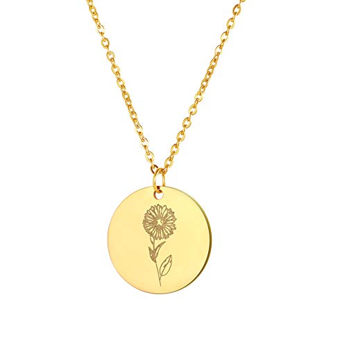 JewelryWe Geburtsblumen Anhänger Halskette für Damen: Gold Edelstahl Oktober Ringelblume Calendula 12 Monate Blume Runde Medaille Anhänger Kette mit Gravur Geburtstag Geschenk für Frauen Mädchen