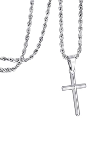 Kette Herren, Halskette mit Kreuz Anhänger für Herren, Silberkette Edelstahl, Kreuzkette für Herren Damen, Cross Geschenk für Herren (50cm, Silber(Verdrehte Kette))