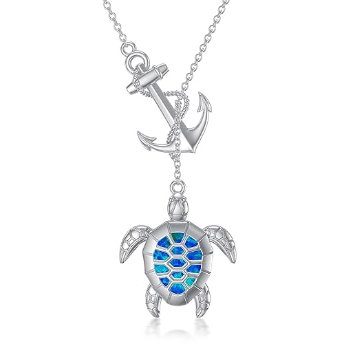 ROMANTICWORK Schildkröte Anker Kette 925 Sterling Silber Opal Schildkröte Anker Anhänger Halskette Ozean Meeresschildkröte Anker Schmuck Geschenke für Damen Mädchen