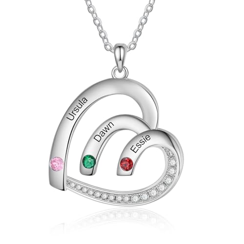 lorajewel Personalisierte Herz Halskette für Damen Silber Kette mit Namen und Geburtsstein Geschenk für die Mutter zum Muttertag Weihnachten Valentinstag (3 name)