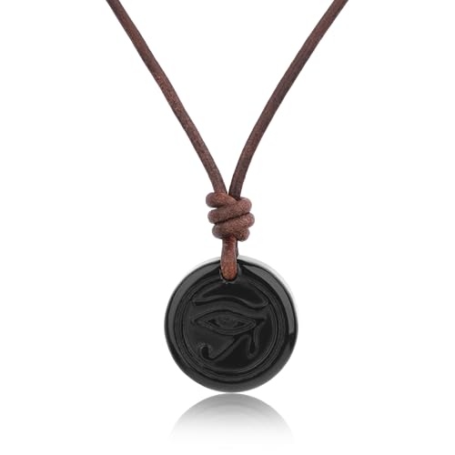 COAI italienische Lederkette braun mit rundem Auge des Ra Obsidian Anhänger Talisman für Herren und Damen