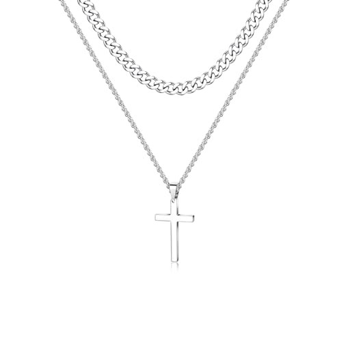 JeweBella Kreuz Kette Herren Edelstahl Silber Kette mit Kreuz Layered Kreuz Anhänger Panzerkette Set Silberkette Herren 40/45/50/55/60cm