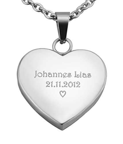 Hanessa Personalisierte Kette mit Gravur Edelstahl 50 cm mit Anhänger Herz in silber - Personalisierte Halskette für Frauen - Personalisierter Schmuck Damen Kettenanhänger