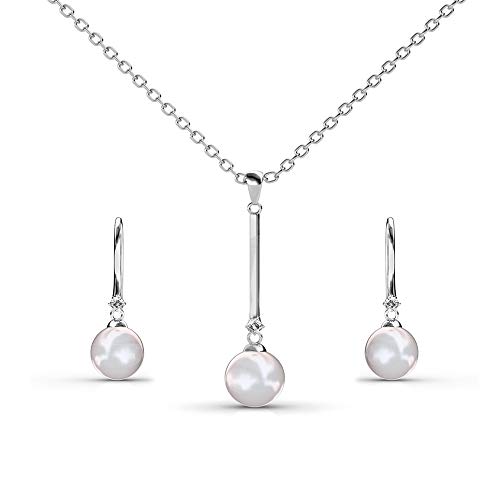 Silber-Kette Anhänger & Ohrringe Schmuck-Set (auch einzeln) mit Zirkonia Stein | 925 Sterling Silber | Vergoldet mit 18K Weißgold | Mit Perle | Pearl Bar (Anhänger mit Kette & Ohrsteckern)