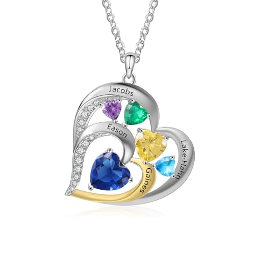 lorajewel Personalisierte Damen Halskette Kette mit Namen - Herz-Anhänger aus Gold und Silber Namenskette - Geschenk für Mama Muttertag Frau Valentinstag Freunde Weihnachten (5 STONE)