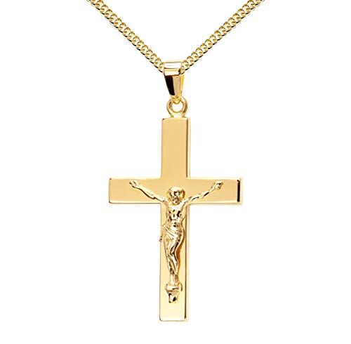 JEVELION Kreuz-Anhänger mit Panzer-Kette vergoldet Goldkreuz Jesus Christus für Damen, Herren und Kinder als Kettenanhänger 585 Gold 14 Karat mit Schmuck-Etui