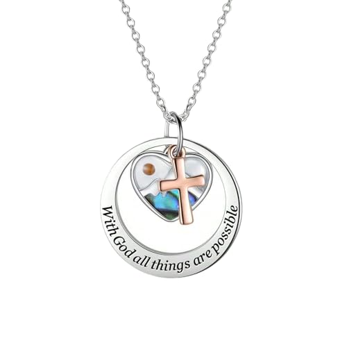 JewelryWe Kreuz Senfkorn Halskette Damen: Edelstahl Bunt Abalone Muschel Berg Senfsamen Herz Kreuz Kreis Anhänger Kette mit Gravur with god All Things Are Possible Religiöse Christliche Schmuck