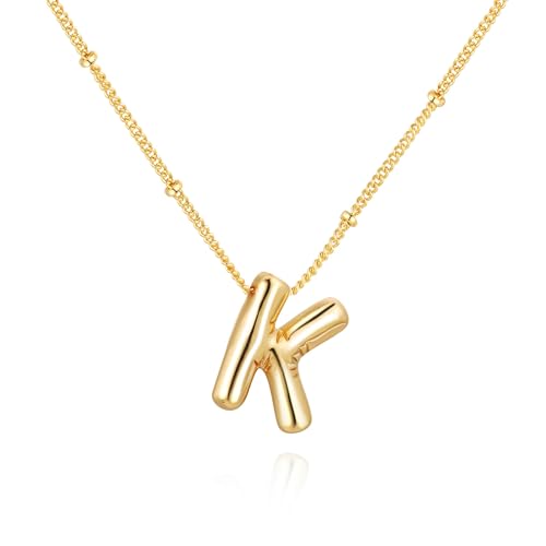 Softfree Gold Silber Kette mit Buchstaben Anhänger Damen Balloon Initialen Halskette 14 Karat Vergoldet Namenskette Personalisiert Dick Buchstabenkette Schmuck Geschenke für Frauen Mädchen (Gold K)