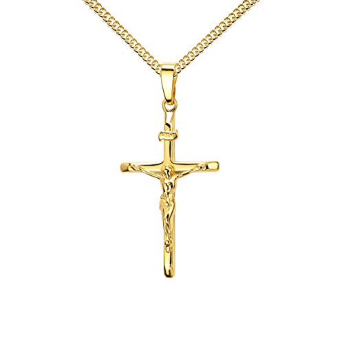 JEVELION Kreuz-Anhänger Goldkreuz Jesus Christus mit INRI-Gravur für Damen, Herren und Kinder als Kettenanhänger 585 Gold 14 Karat mit Panzer-Kette + Schmuck-Etui