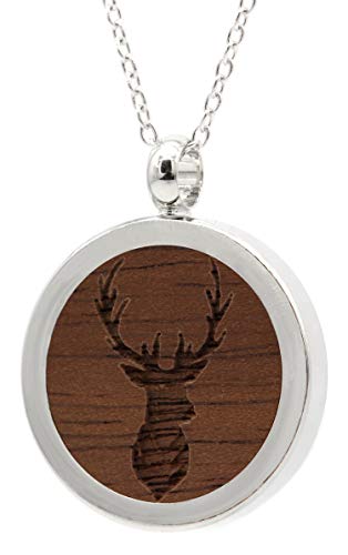 NaturSchatulle Kette mit Anhänger Holz Gravur Hirsch Halskette Holzanhänger Medaillon Silber 925 Damen Kettenanhänger Amulett Holzschmuck Charms 50cm