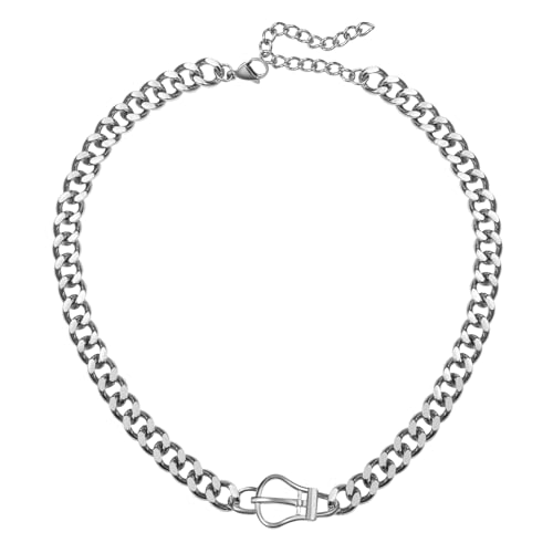 JewelryWe Kubanische Kette Damen Halskette: Silber Edelstahl Chunky Flache Panzerkette Choker mit Krone Schnalle Design Retro Punk Dicke Kragen Halskette Geschenk für Frauen Mäddchen