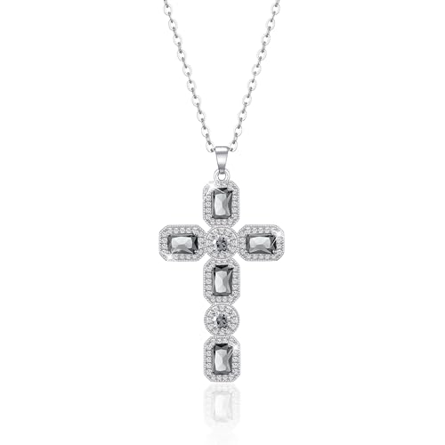 Linawe Kreuzkette Silberkette Kreuz Kette Silber Halskette Damen, Kettenanhänger Kette mit Kreuz Anhänger, Graue Diamant Geburtsstein Kristall Damenkette, Modeschmuck Jewelry