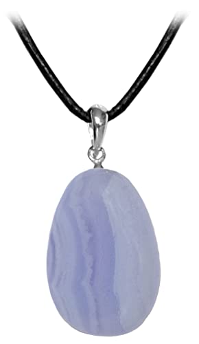 Kaltner Präsente Edelstein Halskette mit Anhänger/Chalcedon Glas an 925 Silberöse/Lederband mit Trommelstein Tropfen Anhänger/Lederkette mit hochwertiger Edelsteinanhänger Ø 20 mm