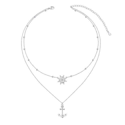 HOOHWE Kette Damen 925 Sterling Silber Layered Halskette mit Anker Anhänger Verstellbar Halsketten Schmuck für Damen Mädchen