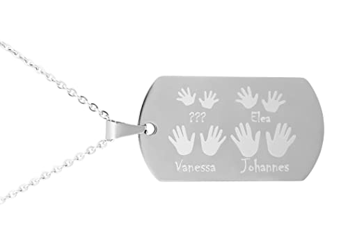 Hanessa Personalisierte Kette mit Gravur Edelstahl 50 cm mit Anhänger Dog Tag Handabdrücke zur Geburt in silber - Personalisierte Geschenke für Familie Mutter Vater Sohn Tochter - Halskette Paar