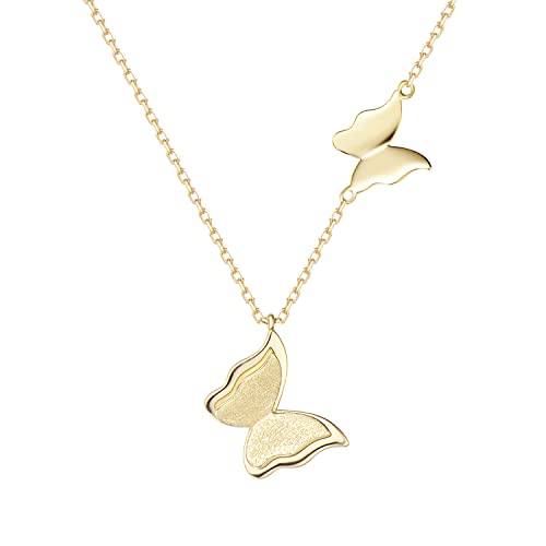 Damen Kette mit Schmetterlings Anhänger aus Solide 14K 585 Gelb Gold Halskette Minimalist Echt Schmuck Geschenk für Damen Mädchen - Verstellbar Kettenlänge: 40 + 5 cm