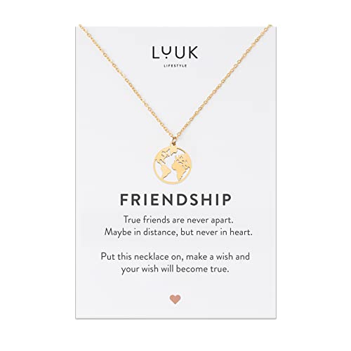 LUUK LIFESTYLE Edelstahl Kette mit Anhänger und Friendship Spruchkarte, Glücksbringer, Geschenk für die beste Freundin, trendy & filigran, Halskette mit Weltkarte I Weltkugel, gold