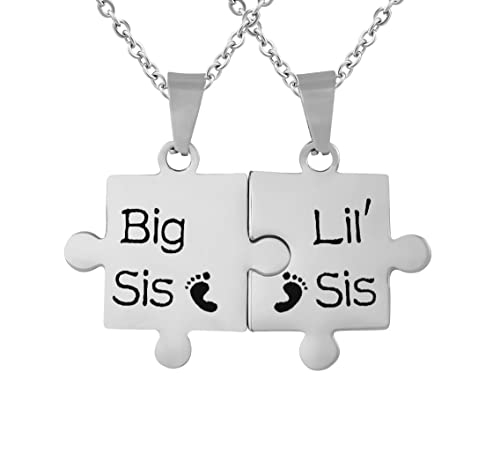 Hanessa 2 Stück Personalisierte Ketten mit Gravur Edelstahl 45-60 cm Puzzle Big Sis und Lil´ Sis in silber - Personalisierte Halsketten für Frauen - Personalisierter Schmuck Damen Geschwister