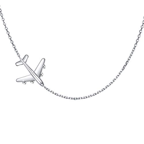 Flugzeug Seitwärts Choker Halskette S925 Sterling Silber Flugzeug Jelwery Verstellbare Kette 15+3 Zoll für Frauen Damen, Gegenwart für Stewardess Flugbegleiterinnenv